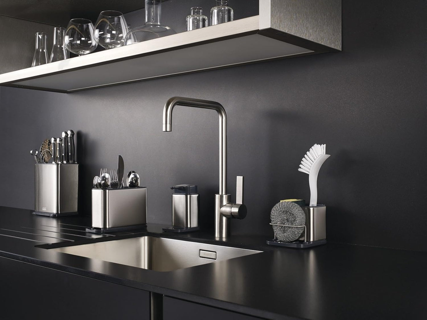 Joseph Joseph Surface Sink Caddy Stainless Steel Sponge Holder Organizer Tidy Drains Water for Kitchen, Small, Silver