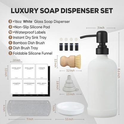 Kitchen Soap Dispenser Set with Instant Dry Tray,16 Oz Hand and Dish Soap Black Glass Dispenser Set,Stainless Steel Pump,Waterproof Labels&Dish Brush,Luxury Soap Bottle for Kitchen,Bathroom