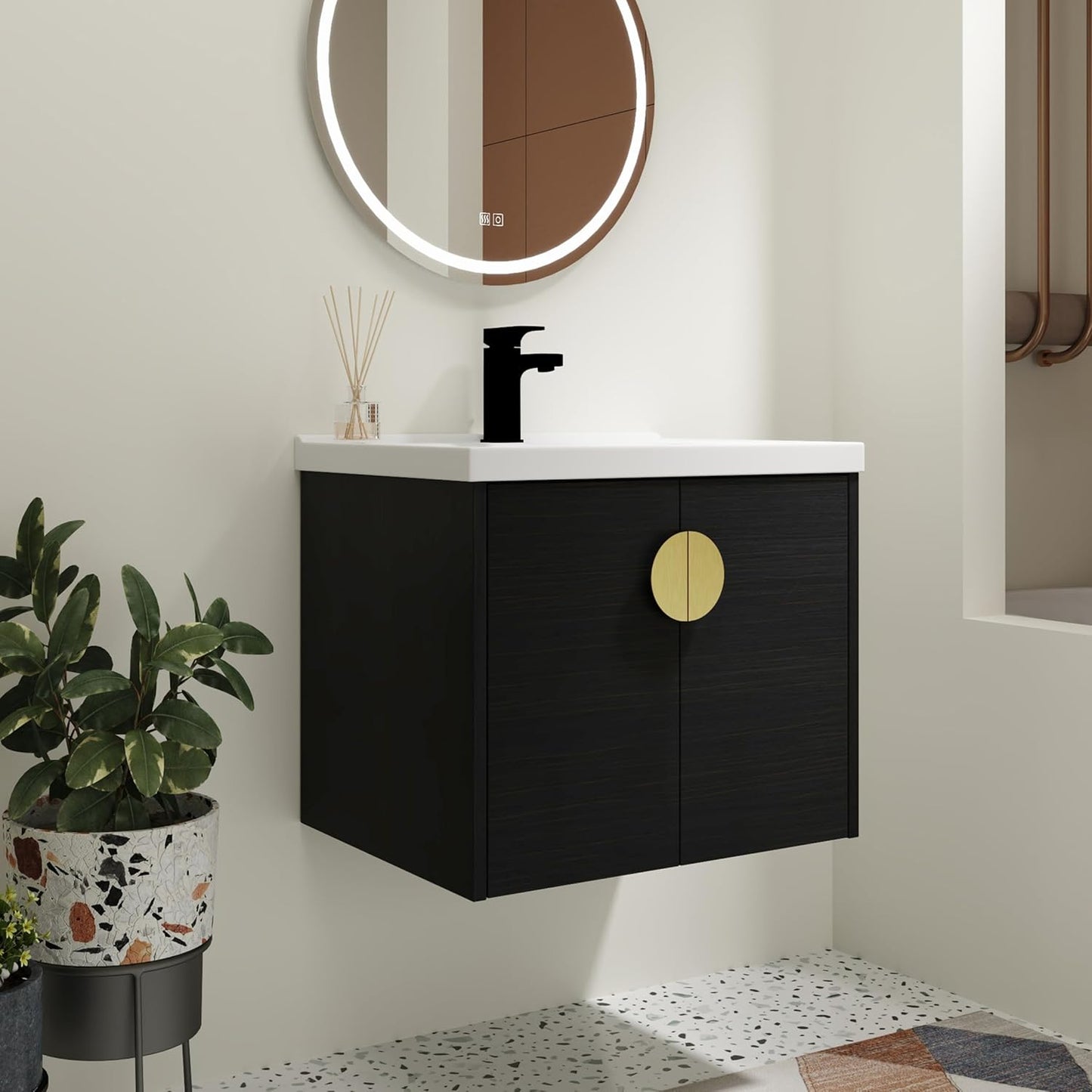 SSLine Modern 24-Inch Bathroom Vanity with Sink Wall Mounted Bathroom Vanity with Top Basin & Storage Cabinet White Wood Floating Vanity w/Ceramic Sink & Gold/Black Handles for Small Space