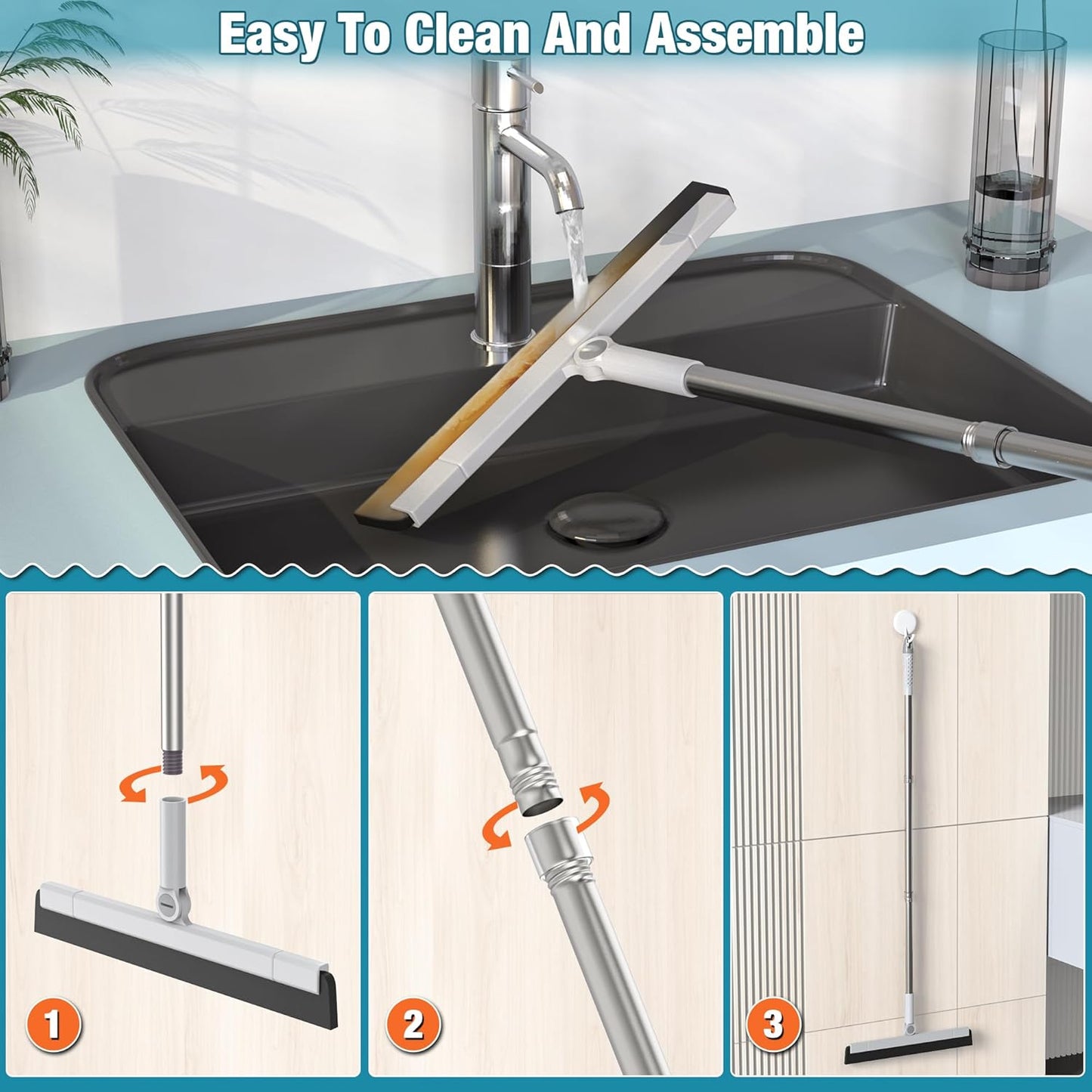 KOLLIEE Floor Squeegee Adjustable 59'' Long Handle Professional Floor Squeegee with Hook Water Squeegee Foam Blade for Concrete Floor Tile Pet Hair Floor Wiper