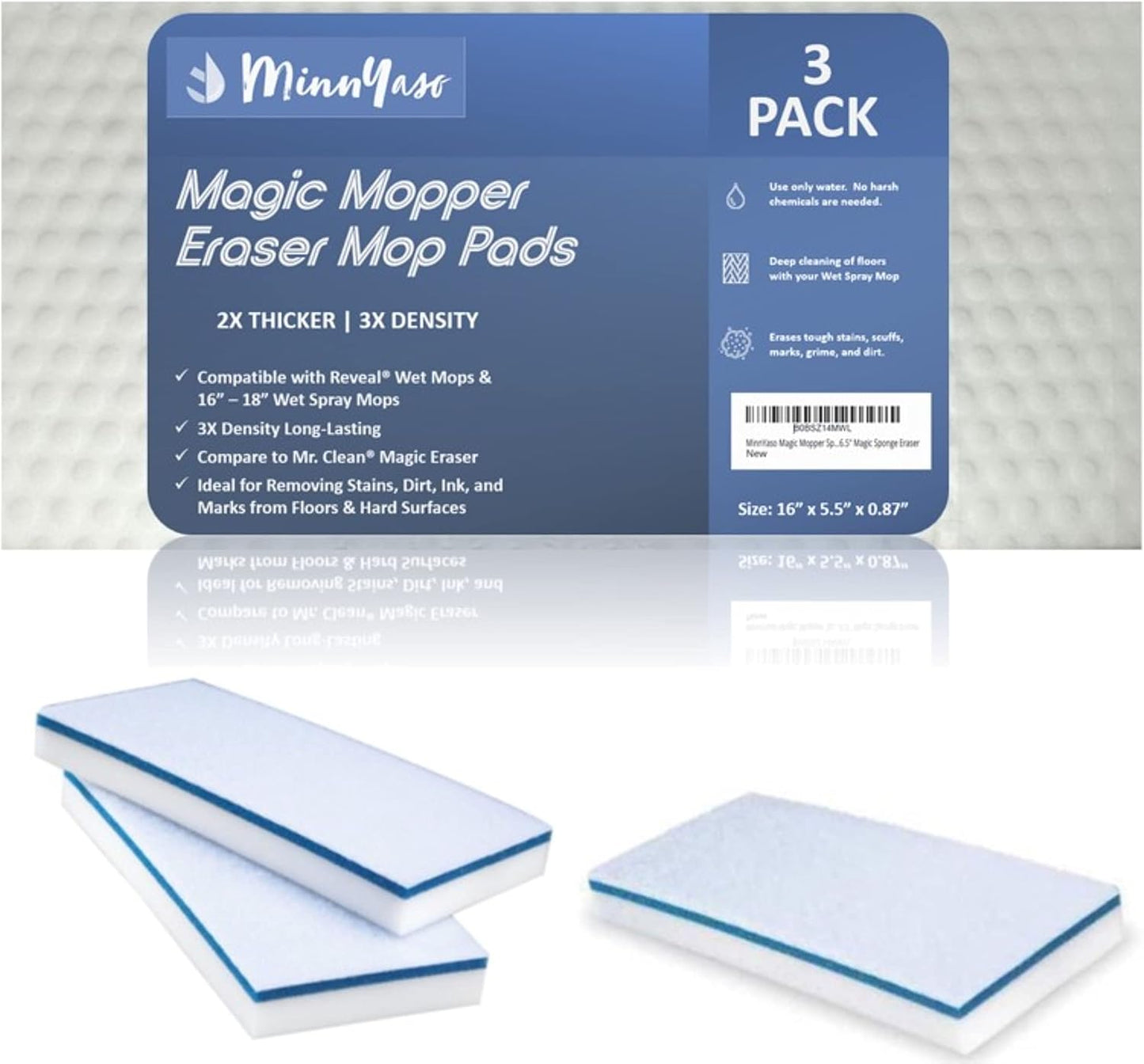 Magic Mopper Sponge Eraser Mop Pad | Compatible with Swiffer Wet Jet and 12" Wet Spray Mops | 12-inch Magic Sponge Eraser Mop Pad | 3 Pack