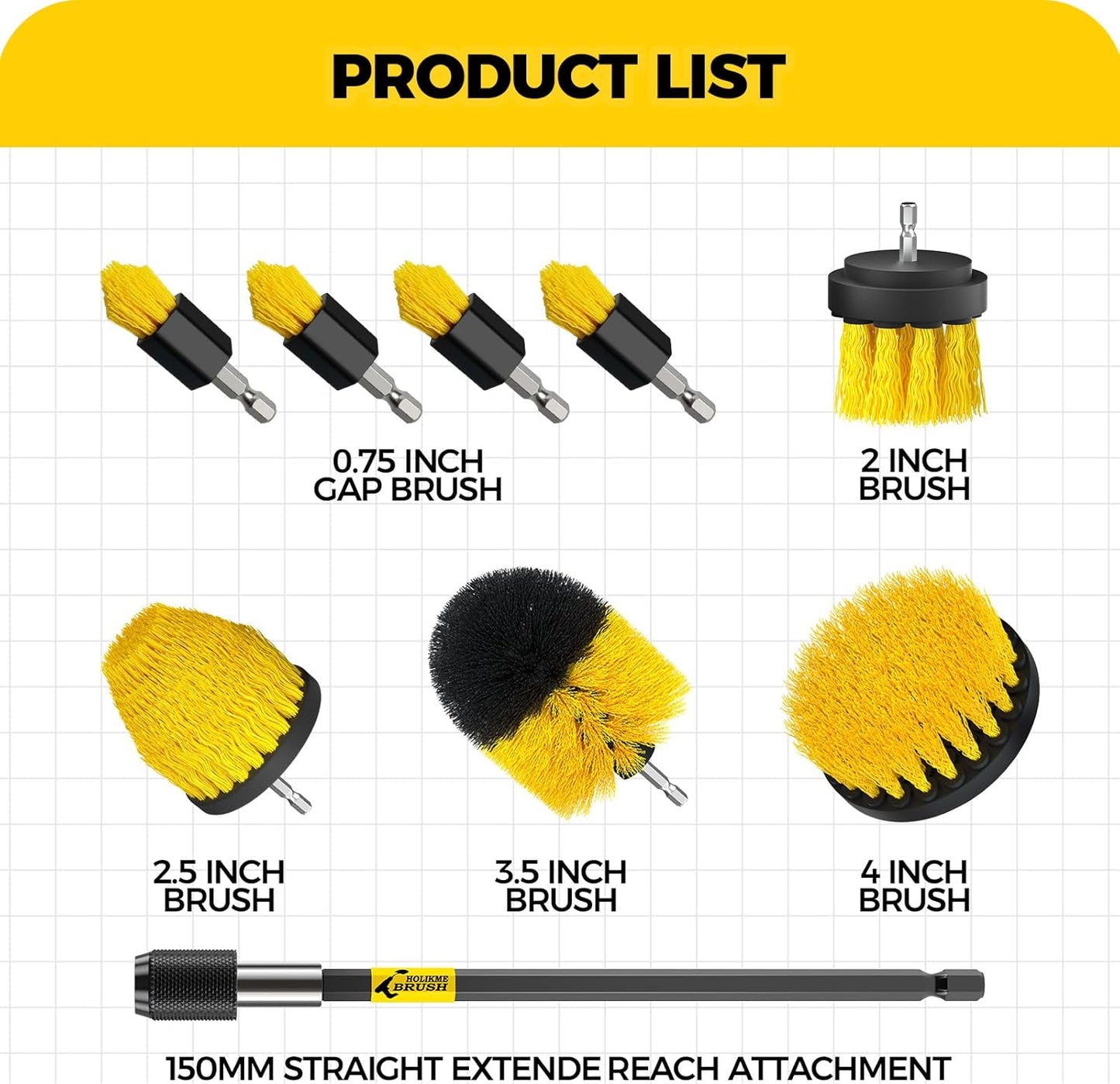 Holikme 9Pack Drill Brush ，All Purpose Drill Brush with Extend Attachment for Bathroom Surfaces, Grout, Floor, Tub, Shower, Tile, Kitchen and Car，Corner,Masonry Brushes，Yellow