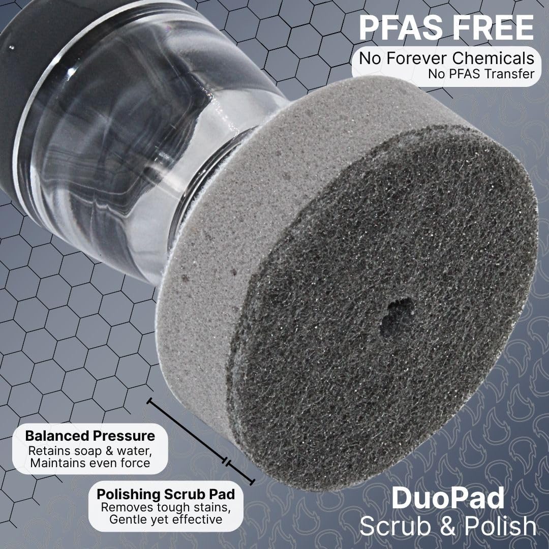 Stainless Steel & Hybrid Cookware Scrub & Polisher with Soap-Dispensing Handle, Dual-Layer DuoPad & Drydock Tray. Refillable, Ergonomic, Safe for All Hybrid and Stainless Steel cookware.