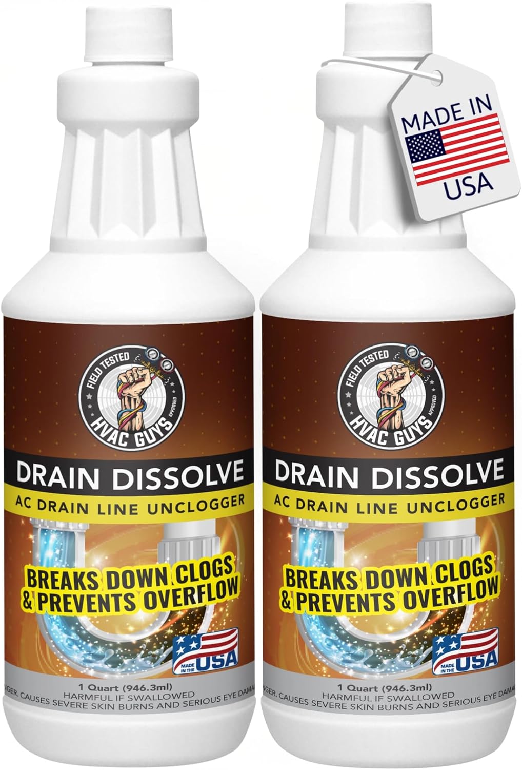 HVAC Guys Drain Dissolve | AC Drain Line Cleaner & Unclogger | Heat Generating Alkaline Formula | Prevents Overflow | Clears Hair, Grease, Gunk - 32oz