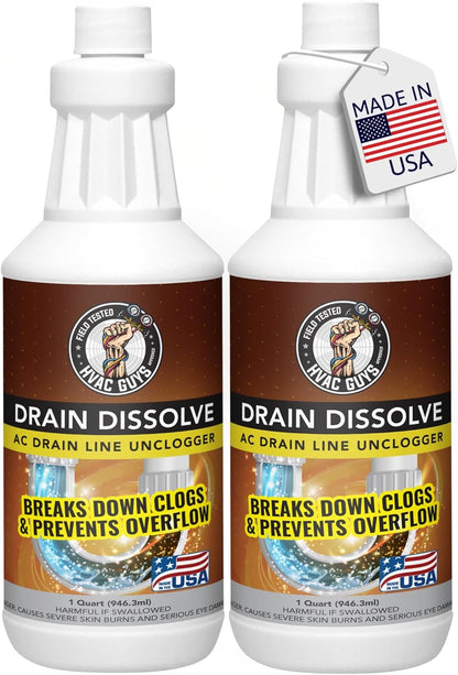HVAC Guys Drain Dissolve | AC Drain Line Cleaner & Unclogger | Heat Generating Alkaline Formula | Prevents Overflow | Clears Hair, Grease, Gunk - 32oz