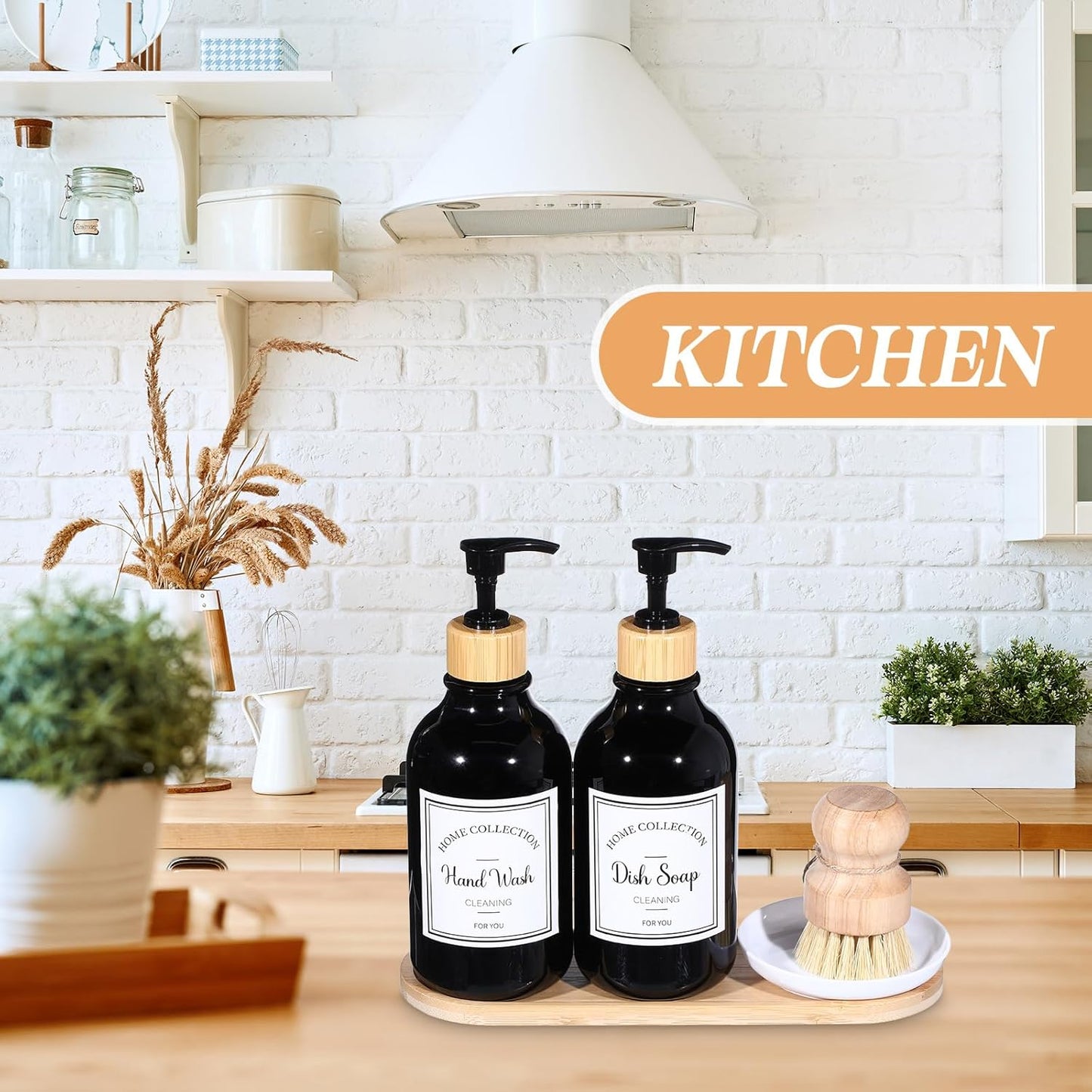 Zopeal 4 Pcs 16 oz Kitchen Soap Dispenser Set with Bamboo Tray and Dish Brush Plastic Soap Dispenser Set with Waterproof Labels for Hand Dish Lotion(Frosted Black)