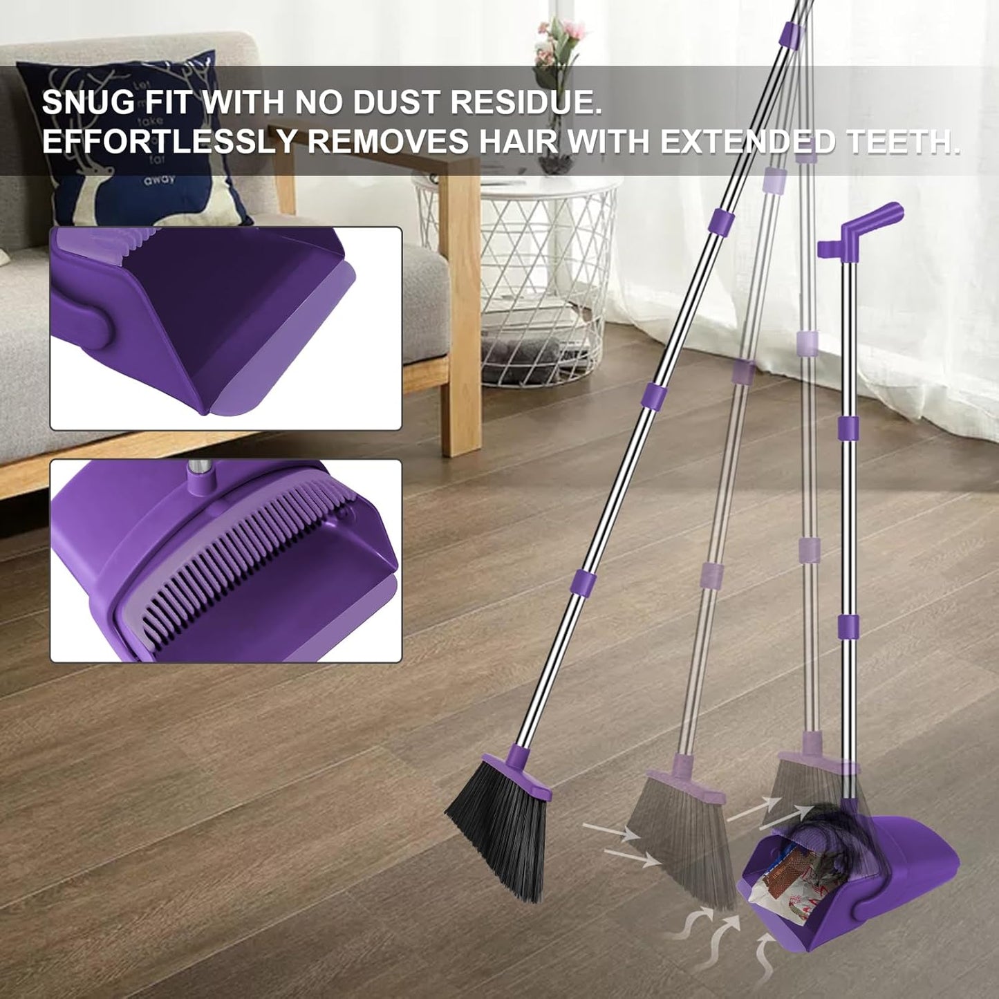 Purple Broom with Dustpan Combo Set, 51" Long Handle Household Cleaning Tool, Ideal Broom and Dustpan Set for Pet Hair and Home Use
