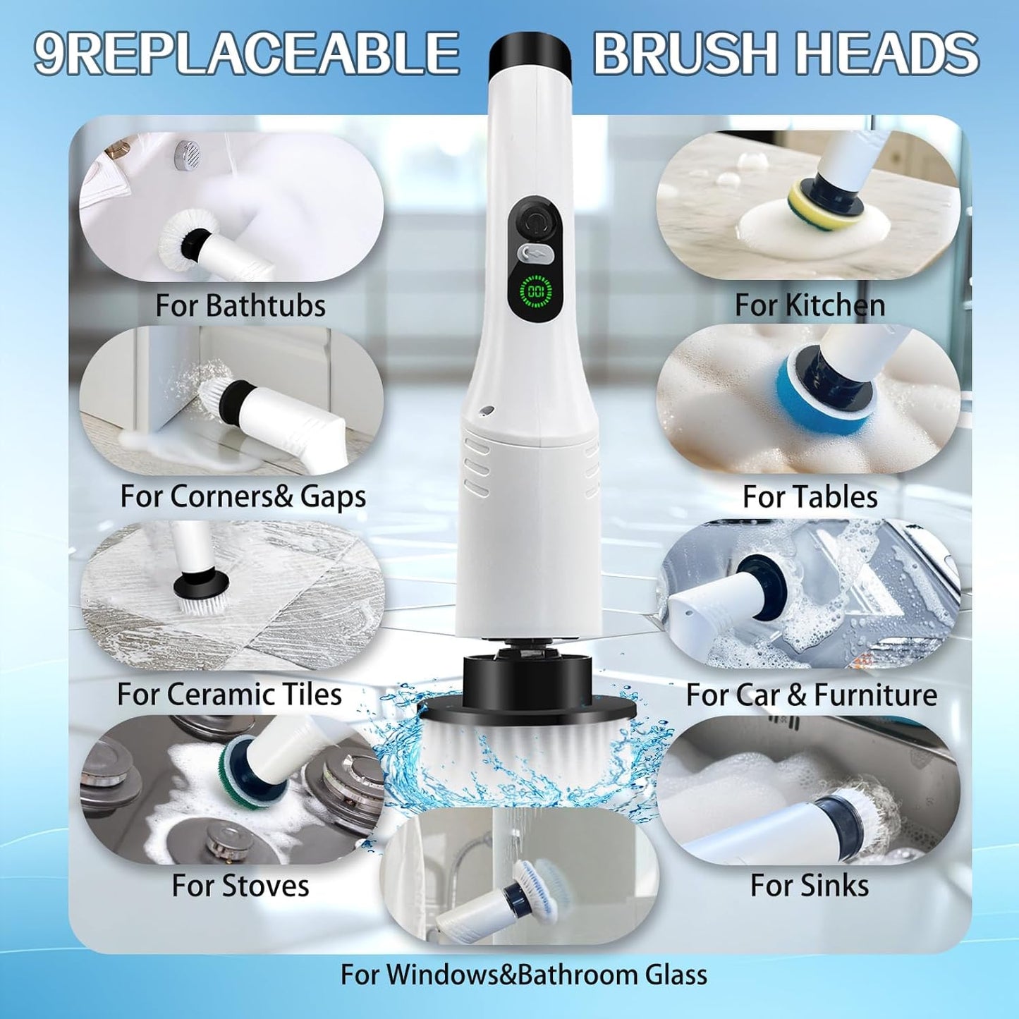 Spin Scrubber, 9-in-1 Multifunctional Electric Cleaning Brush with Detachable Handle, 9 Replaceable Brush Heads & LCD Display, Rechargeable for Bedroom, Bathroom, Kitchen, Car