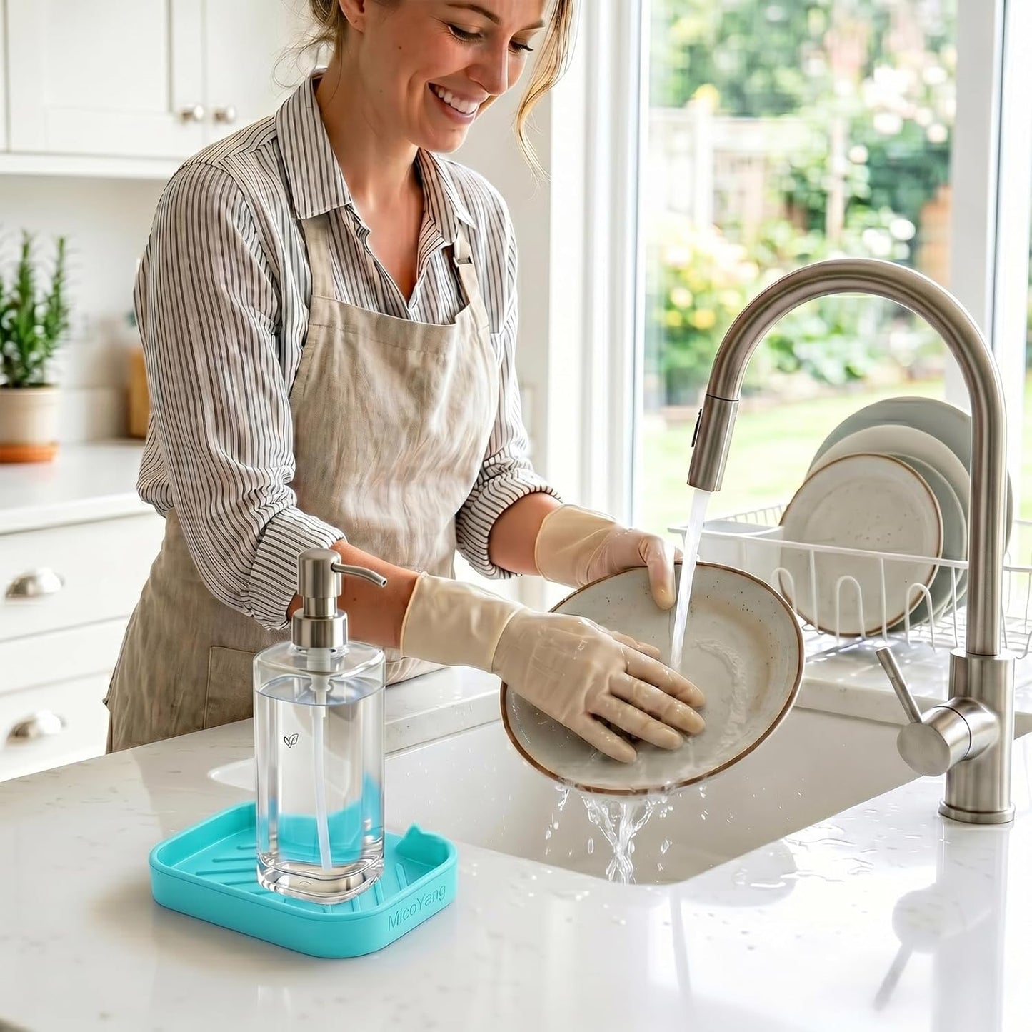 MicoYang Silicone Bathroom Soap Dishes with Drain Spout-Bathroom and Kitchen Sink Organizer,Sponge Holder,Dish Soap Tray,Perfect for Dispenser,Scrubber,Bottle,Cup on Sink or Counter-Black 4.9"×3.2"