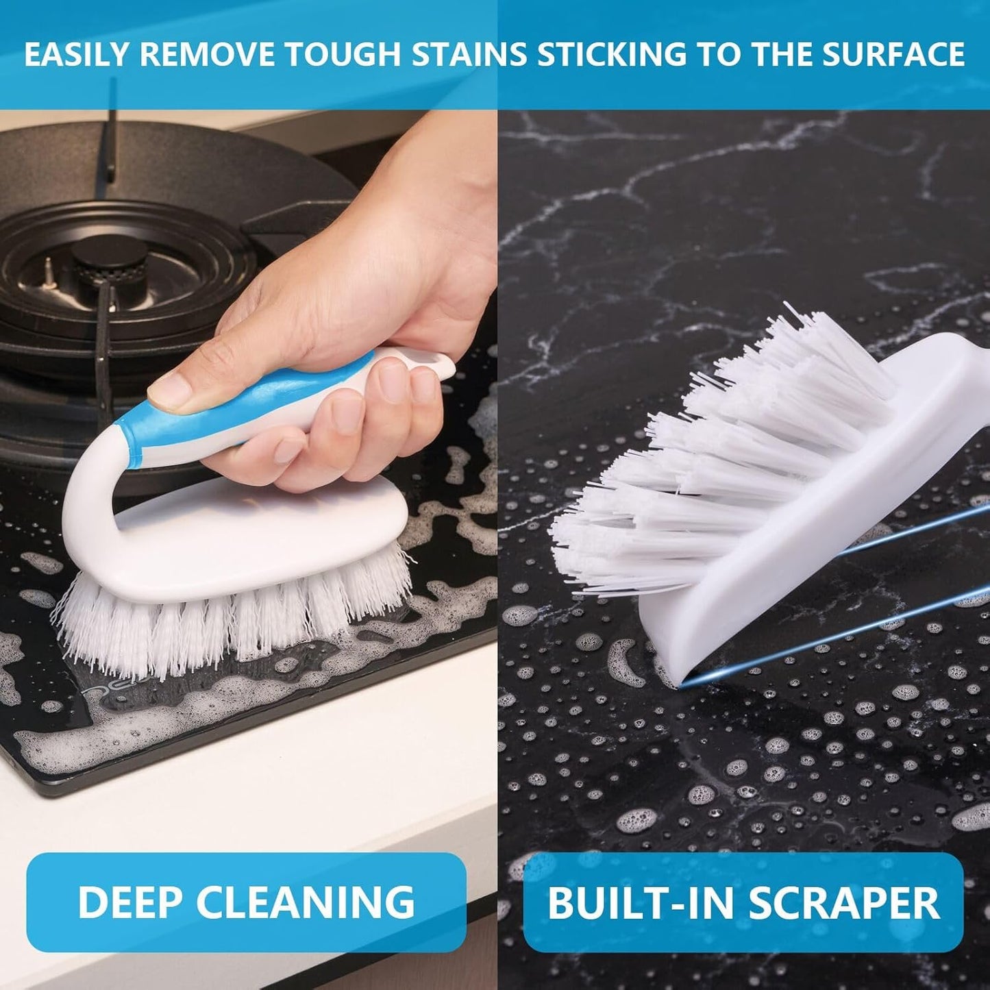 Scrub Brush Set, 4 Pack Deep Cleaning Brush Kit - 2 Scrub Brush, 2 Tile & Grout Brush with Built-in Scraper, Household Commercial Scrubber for Floor, Shower, Pool Wall, Tub (Green)