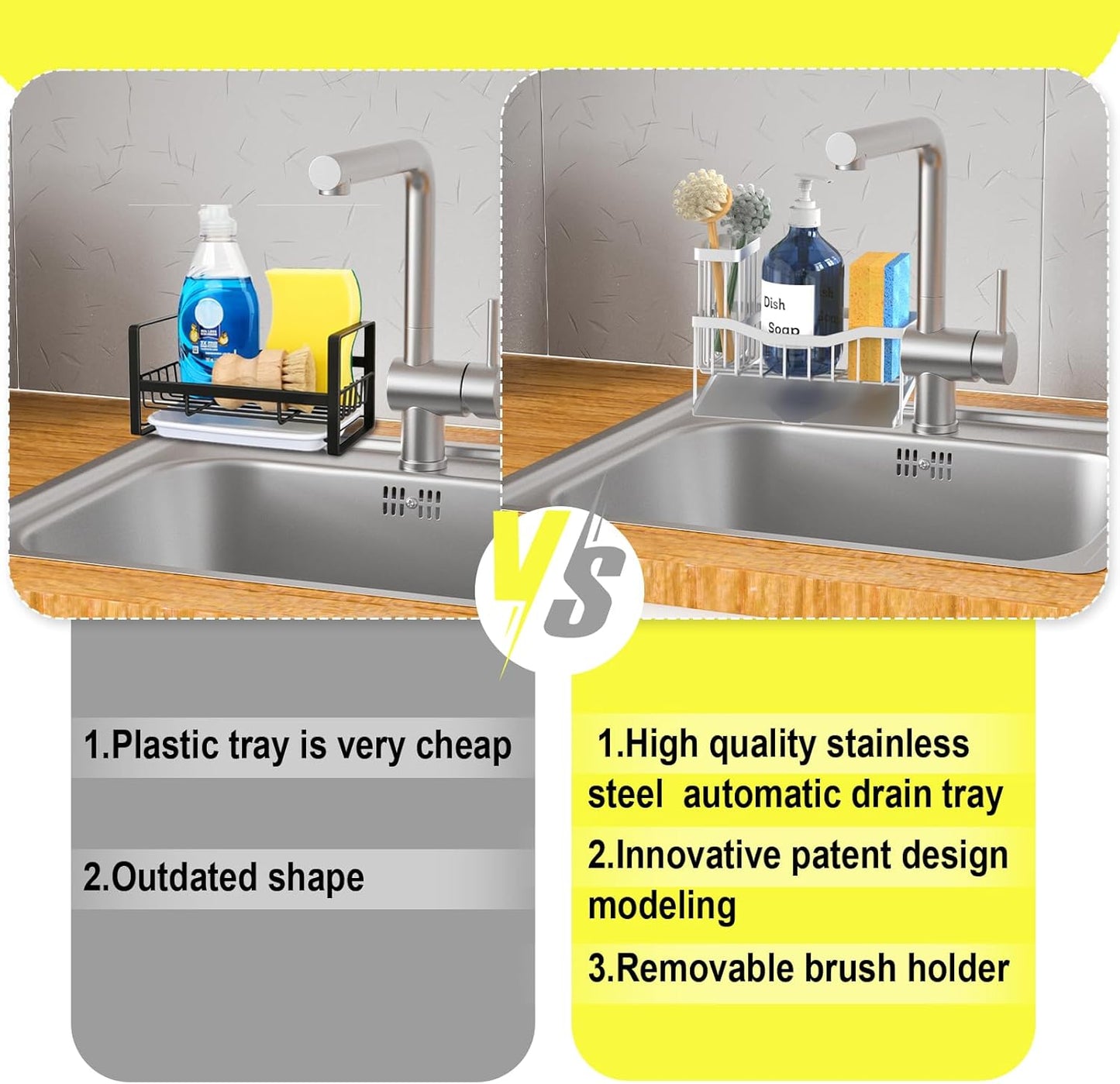 Fssvcd Maifan Sink Caddy Sponge Holder for Kitchen with Brush Holder and Stainless Steel Self Drain Tray, Rustproof Kitchen Sink Organizer for Sponge, Soap Dispenser Storage Accessories