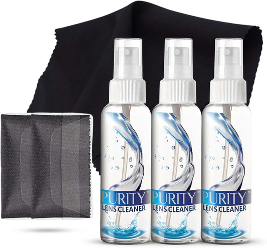 Purity Eyeglass Lens Cleaner Kit - 2 x 8oz and 1 x 2oz Lens Cleaner Spray Bottle + 2 Microfiber Cleaning Cloths - Safe for All Lenses (AR Coated Included), Eyeglasses and Screens - Clear