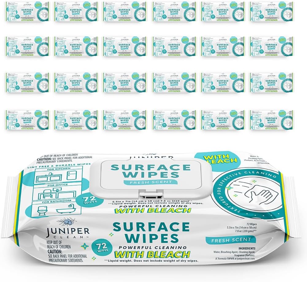 Juniper CLEAN 3 Pack Surface Cleaning Wipes with Bleach, All-Purpose Cleaner for Bathroom, Kitchen, Office, 216 Count Soft Flow, Fresh Scent, Lint Free & Durable
