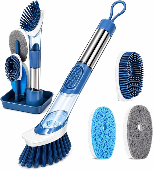 Multifunctional Kitchen Dish Washing Brush Set with Automatic Liquid Filling, Long Handle Scrub Brush with Stand, Blue