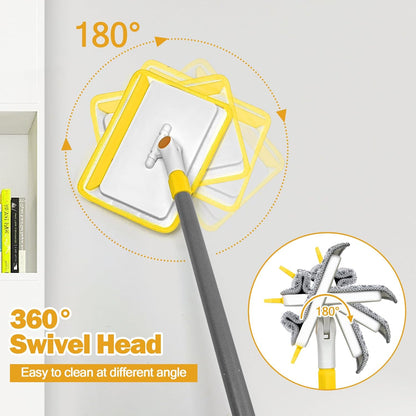 JEHONN Baseboard Cleaner Tool with Handle, 56 inches Base Boards Cleaning Mop Scrubber, 1 Stiff Bristles Brush, 2 Chenille and 2 Microfiber Pads, Wall Duster for Floorboard Ceiling Window Tile