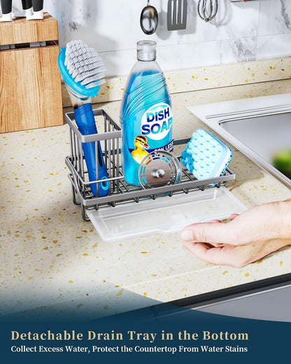 Consumest Sink Caddy, Kitchen Sponge Holder with Dish Brush Holder, Kitchen Organizer with Drip Tray for Countertop, Stainless Steel Rustproof - Silver