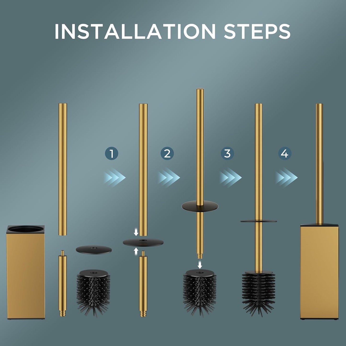 FORIOUS Toilet Brush and Holder Set, Heavy Duty 304 Stainless Steel Base Square and Long Handle for Bathroom Deep Cleaning, Drip-Proof, Space Saving for Storage, 2 Toilet Bowl Brush Head, Black