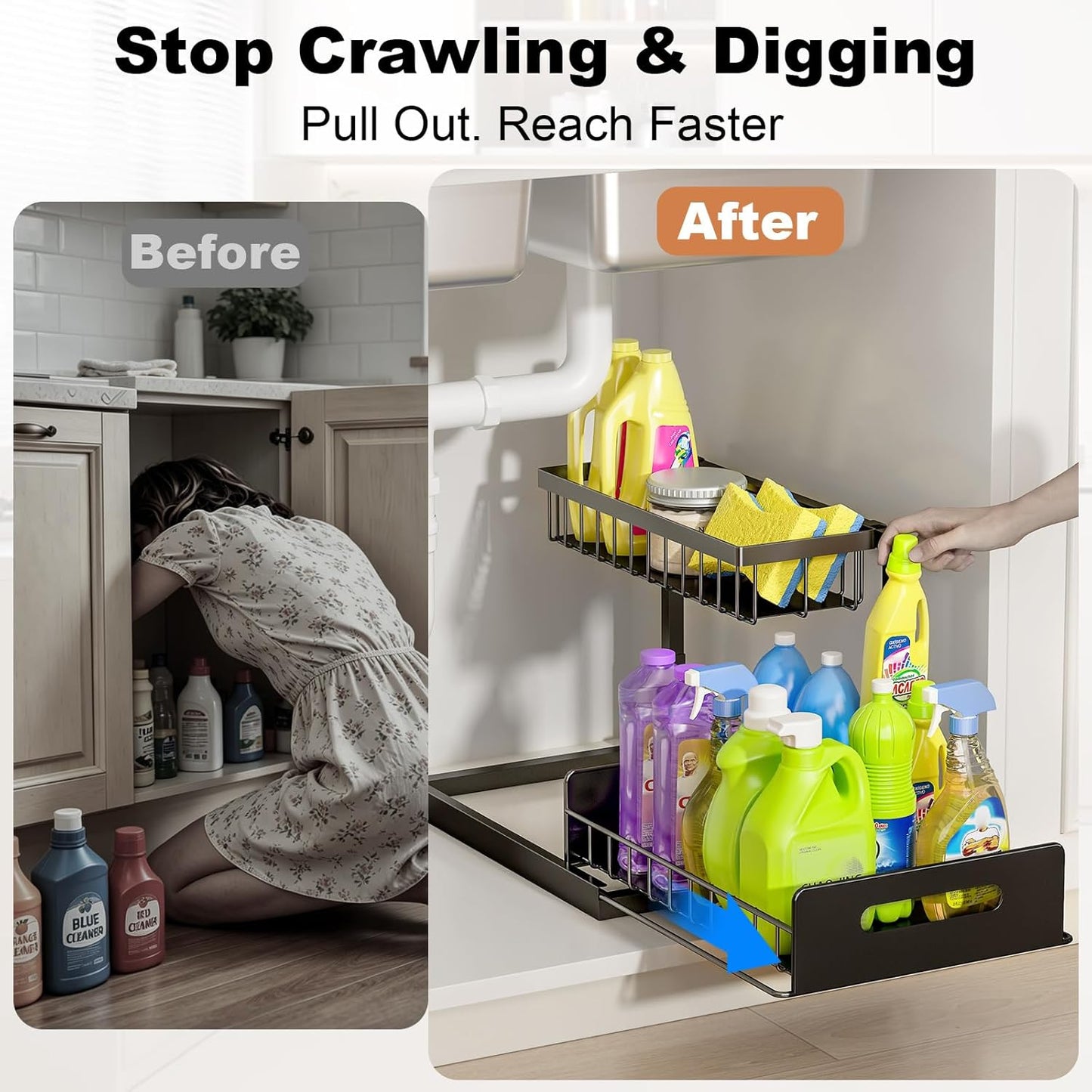 REALINN Under Sink Organizer, L-Shaped 2 Tier Pull Out Cabinet Organizer for Kitchen and Bathroom, Slide Out Under Cabinet Storage, Metal Under Sink Storage with Sliding Drawer, 50 lbs, Black 2 Pack