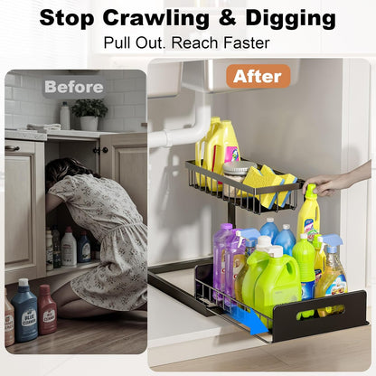 REALINN Under Sink Organizer, L-Shaped 2 Tier Pull Out Cabinet Organizer for Kitchen and Bathroom, Slide Out Under Cabinet Storage, Metal Under Sink Storage with Sliding Drawer, 50 lbs, Black 2 Pack