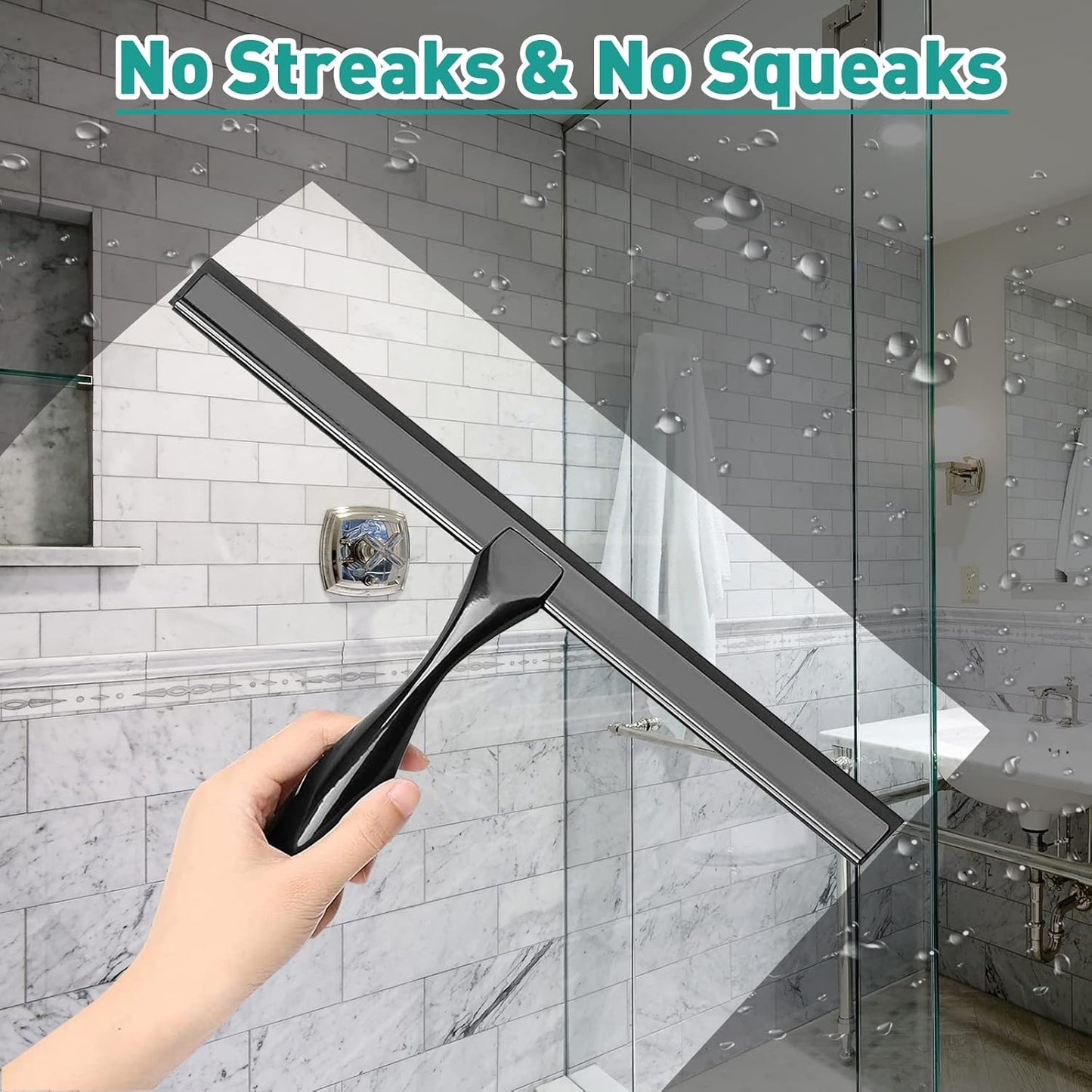Shower Squeegee for Glass Doors,12-Inch Shower Glass Squeegee, Sliver Shower Squeegee for Shower Doors,Mirror,Windows, with Shower Door Hook and Adhesive Hook