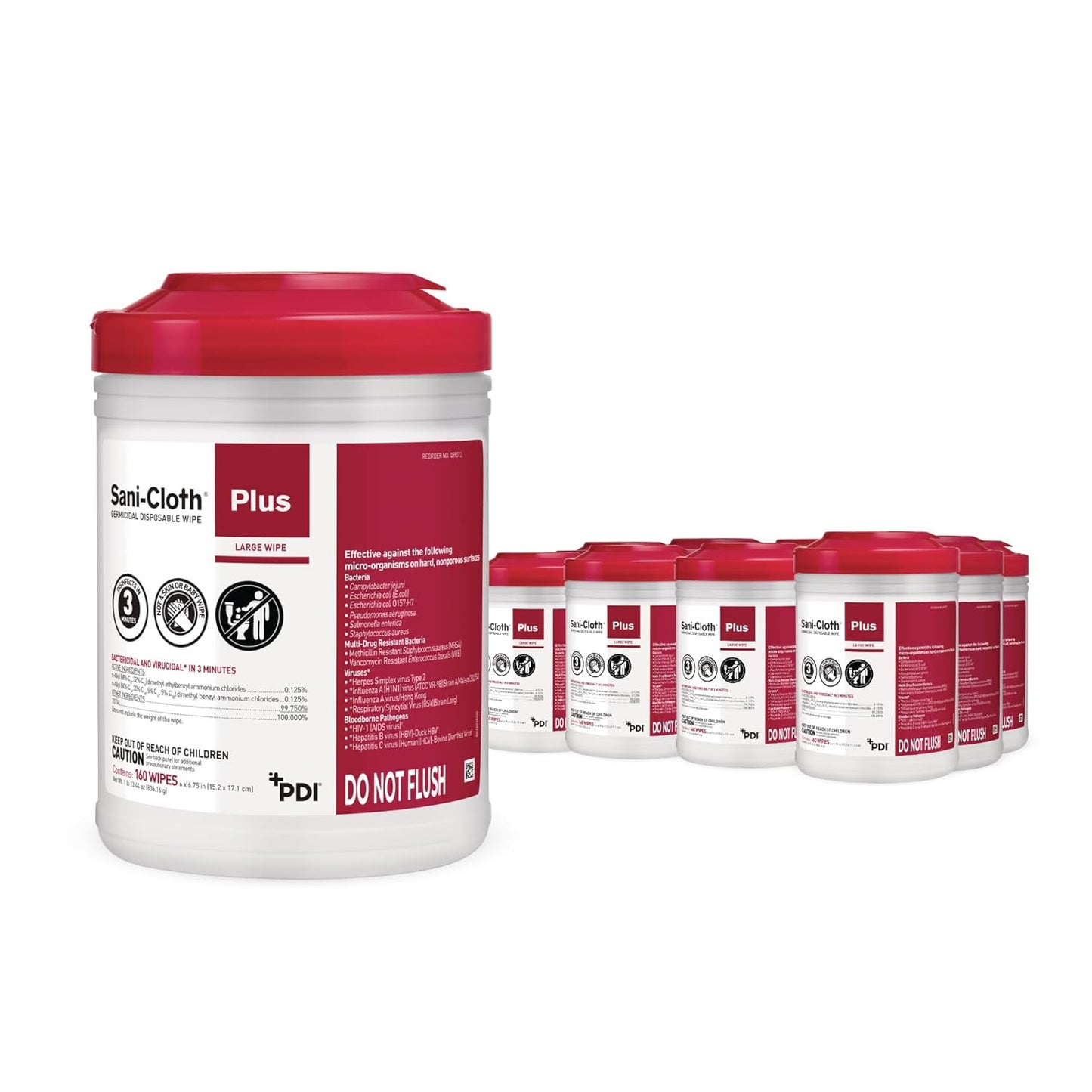 PDI Sani-Cloth Plus Germicidal Cloth, Pack of 160, 6" x 6-3/4" Large Wipes