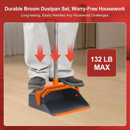 Tiumso Upgrade Broom with Dustpan Combo Set, Broom and Dustpan Set with 51'' Long Handle, Dust Pan and Brooms, ZeroGap Lip, Self-Cleaning Dustpans Teeth for Lobby Kitchen Restaurant - Black and Red