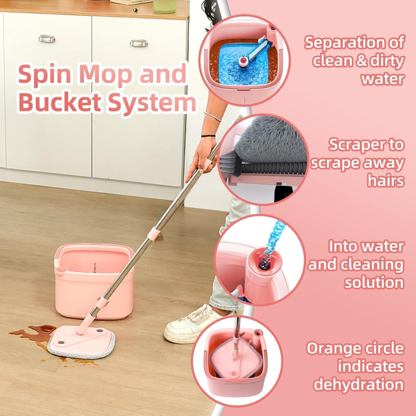 Upgraded Spin Mop and Bucket System Set, Self Separate Clean and Dirty Water, Foldable Square Standing Mop Head with Microfiber Mop Pads, Detachable Bucket (White+Blue, Mop Set with 6PC Pads)