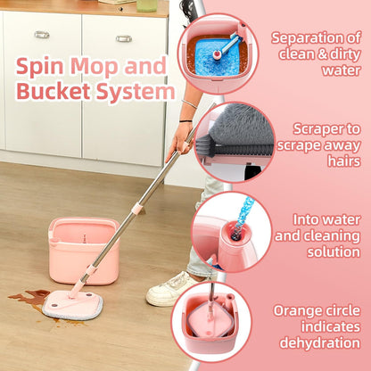 Upgraded Spin Mop and Bucket System Set, Self Separate Clean and Dirty Water, Foldable Square Standing Mop Head with Microfiber Mop Pads, Detachable Bucket (White+Blue, Mop Set with 6PC Pads)