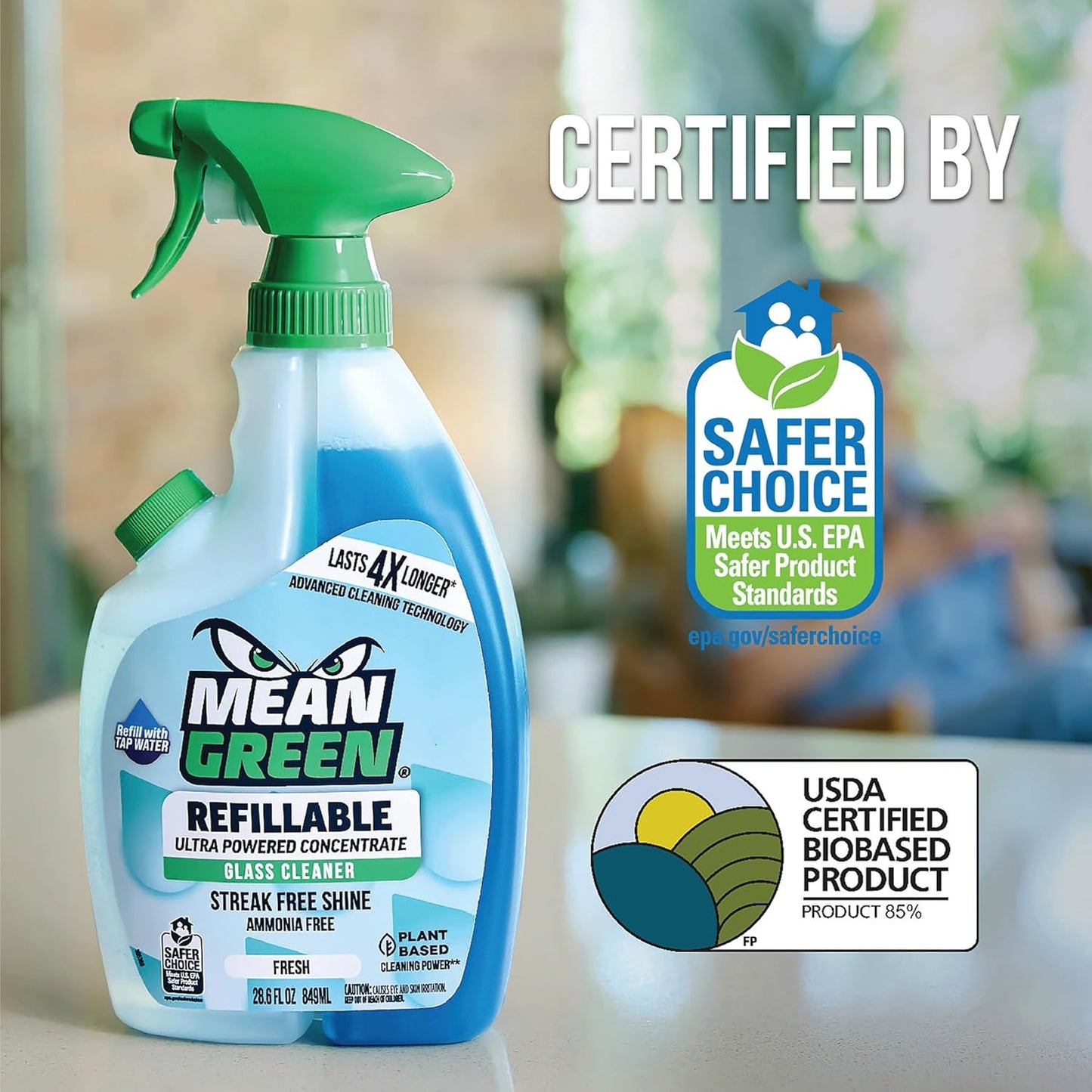 Mean Green Refillable Ultra Powered Glass Cleaner Concentrate, Fresh Scent, 14.3 fl oz (2-Pack) – Plant & Mineral Based, Streak-Free Shine, Refillable Bottle Makes 4X Refills