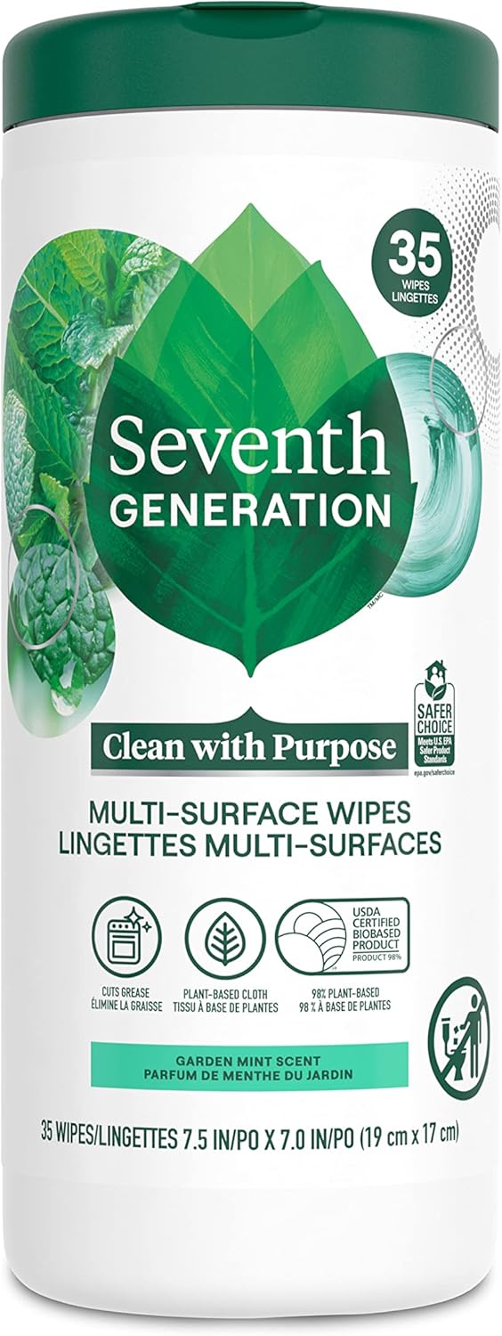 Seventh Generation Multi Surface Wipes All Purpose Cleaning Lemon Zest scent with 100% Essential Oils and Botanical Ingredients 70 count, Pack of 6