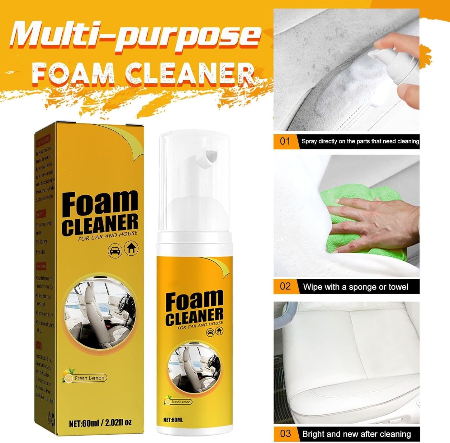 2PCS Foam Cleaner,Multipurpose Foam Cleaner,Fo-am Cle-aner All Purpose for Car,Fo-am Cle-anercar Lemon Flavor(100ml*2)