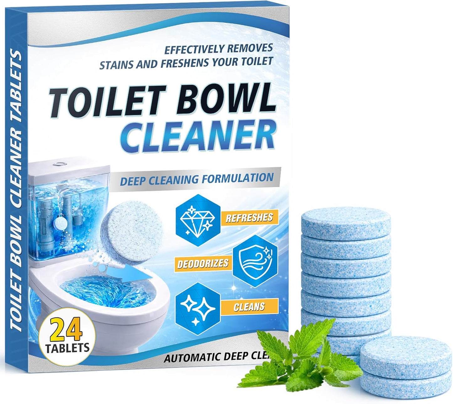 Toilet Bowl Cleaner Tablets -24 Count, Drop-In Toilet Tablets, Long-Lasting Slow Dissolve, Helps Reduce Limescale and Hard Water Stains, Deodorizing Blue Water Freshener for Easy Toilet Cleaning