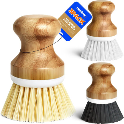 Holikme 3 Pack Dish Brush Set with Bamboo Handle, Kitchen Brushes for Cleaning Pot, Sink and Stove, Skillet Scrubber with Tough Bristles for Cast Iron Grill Pan, Yellow White Black