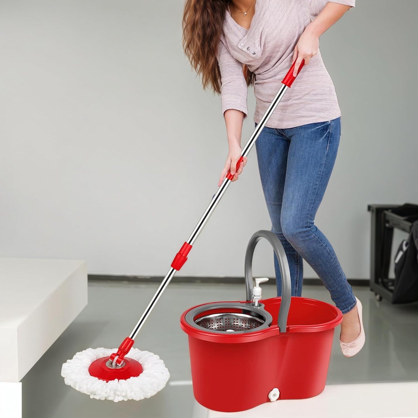 Spin Mop and Bucket with Wringer Set,for Floor Cleaning,with Floor Scrub Brush,61" Adjustable Handle and 6 Microfiber Mop Head(White)