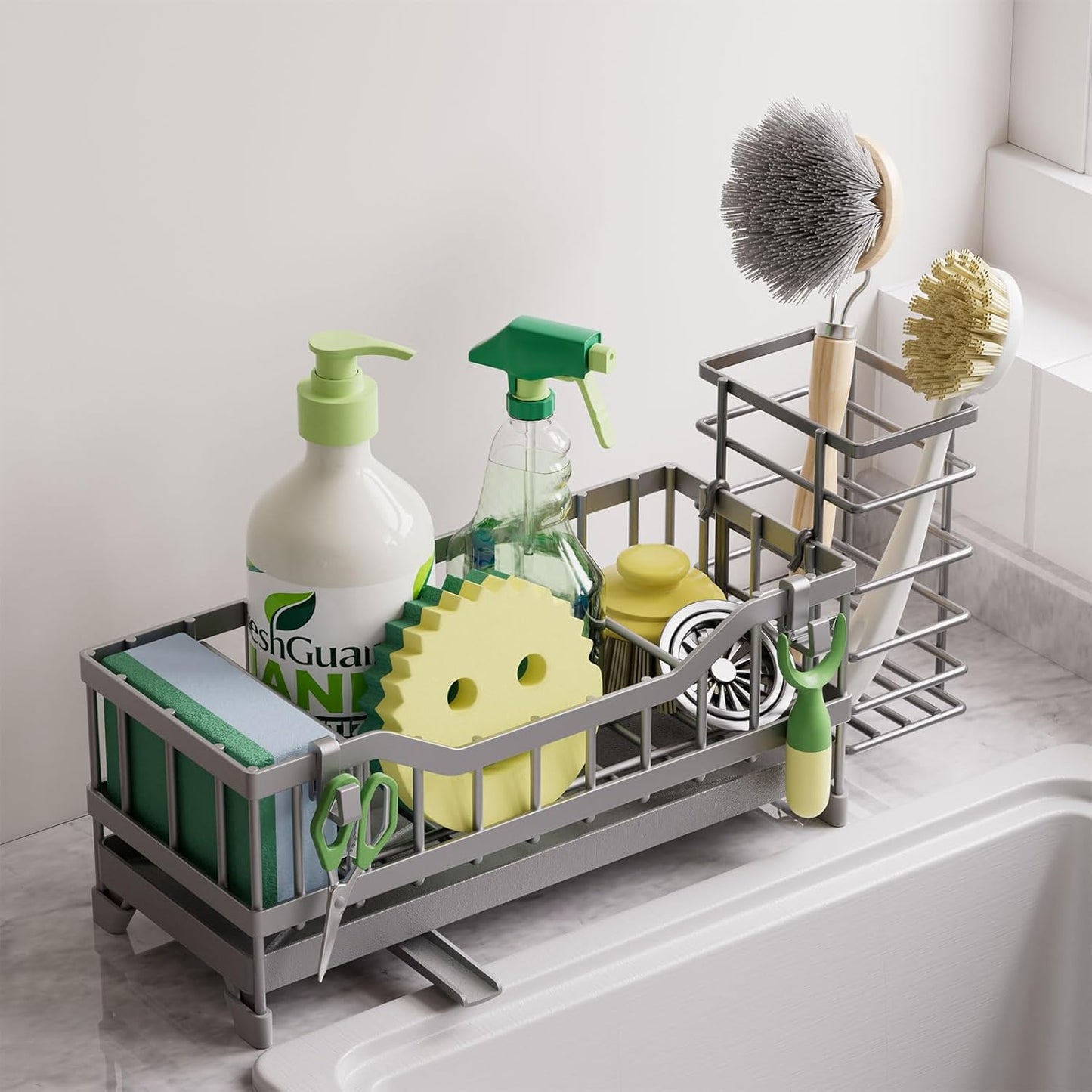 Sponge Holder for Kitchen Sink, Kitchen Sink Caddy with Long-Handled Dish Brushes Holder, 304 Rustproof Stainless Steel Countertop Organizers and Storage, Home Kitchen Sink Accessories(Silver)