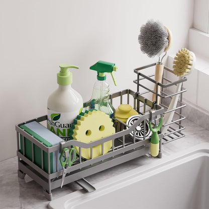 Sponge Holder for Kitchen Sink, Kitchen Sink Caddy with Long-Handled Dish Brushes Holder, 304 Rustproof Stainless Steel Countertop Organizers and Storage, Home Kitchen Sink Accessories(Silver)