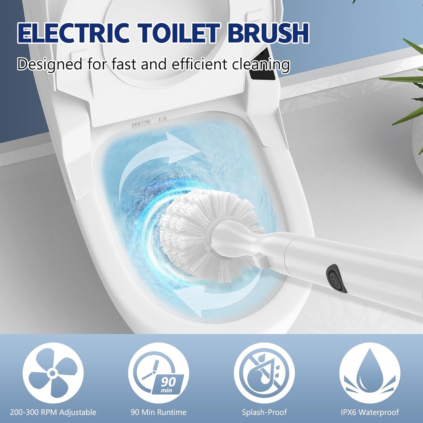 Electric Toilet Brush and Holder Set, Electric Toilet Bowl Brush, Toilet Brush Cleaner Set with 5 Refills Disposable Cleaner Brush, Floor Standing, Wall Mounted Without Drilling, Rechargeable, White