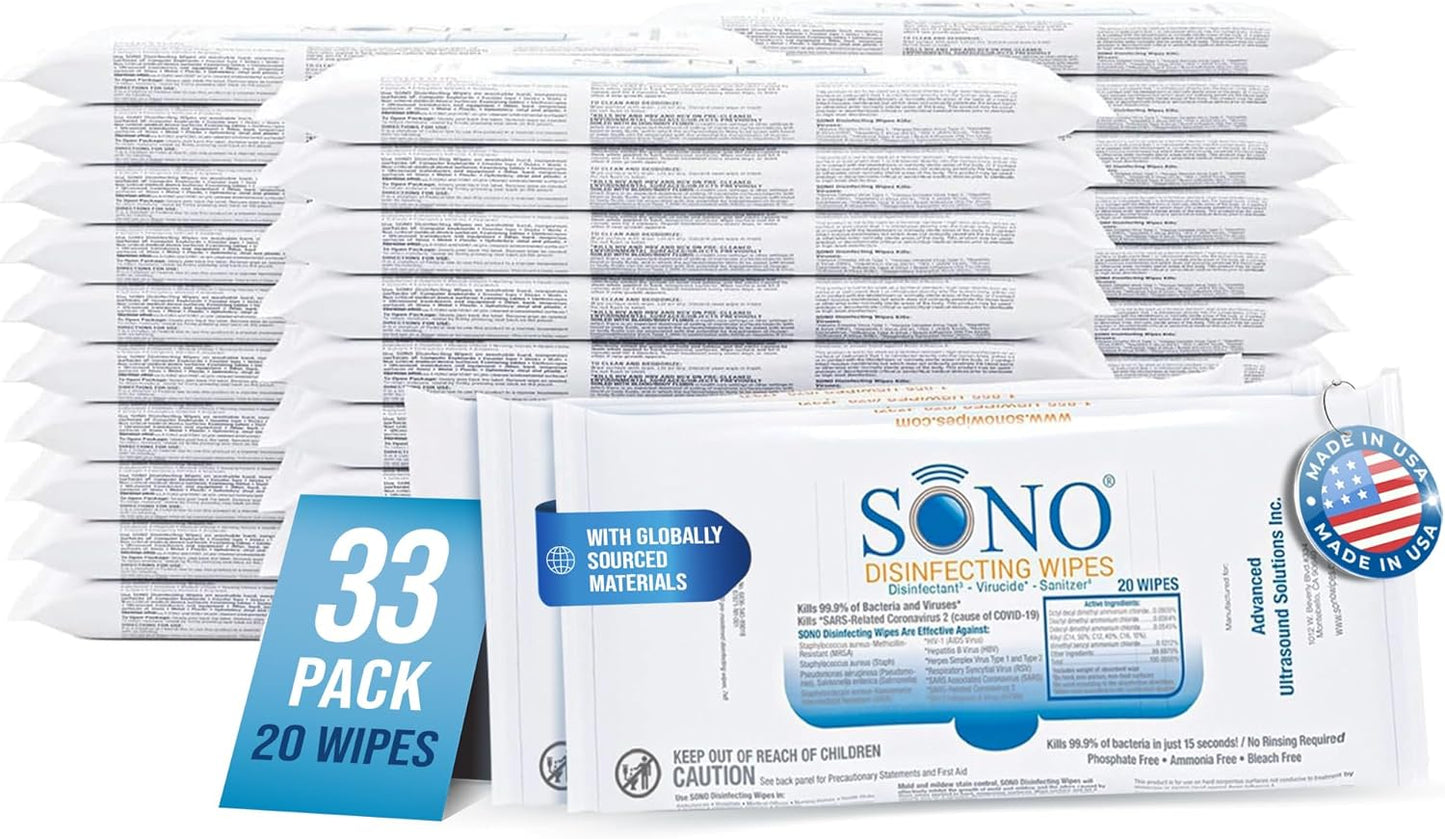 SONO Disinfecting Wipes - 60 Count (Pack of 3) + Sanitizer, Travel Size, Alcohol-Free, No Bleach, Medical-Grade, Multi-Surface Cleaning for School, Office, and On-The-Go