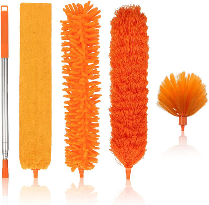 Cobweb Duster with Extension Pole, 4-in-1 Washable Cleaning Duster Kit, 15-100 Inch Long Telescoping Pole, Bendable Design for High Ceiling Fans Furniture, Microfiber Webster Remover Tools