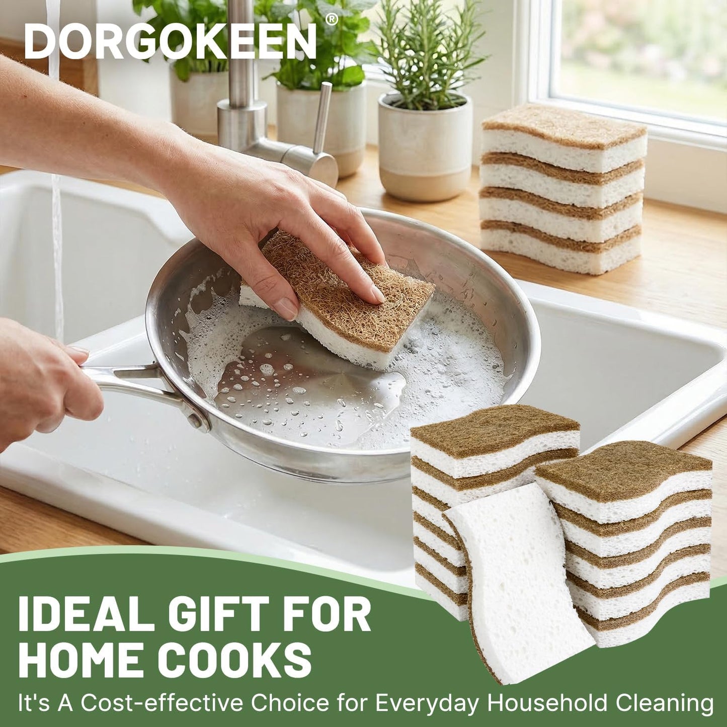 12 Pack Biodegradable Kitchen Dish Sponges, Natural Plant-Based Coconut Fiber and Compostable Cellulose Sponge, Non-Scratch Heavy Duty Scrub Sponges for Non-Stick Cookware, Kitchen Household Cleaning