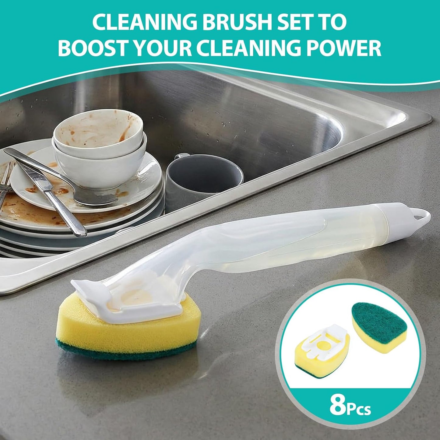 Soap Dispensing Dish Scrubber with Ergonomic Handle - Non-Scratch Dishwand Sponge Refill Replacement Packs, Ideal for Pots, Pans, Dishes & Kitchen Surfaces