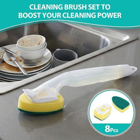 Soap Dispensing Dish Scrubber with Ergonomic Handle - Non-Scratch Dishwand Sponge Refill Replacement Packs, Ideal for Pots, Pans, Dishes & Kitchen Surfaces