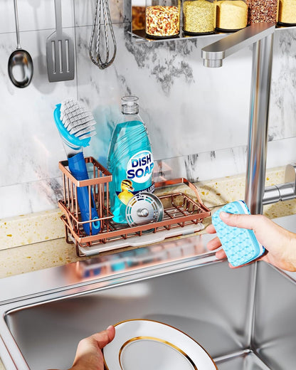 Consumest Sink Caddy, Kitchen Sponge Holder with Dish Brush Holder, Kitchen Organizer with Drip Tray for Countertop, Stainless Steel Rustproof - Silver