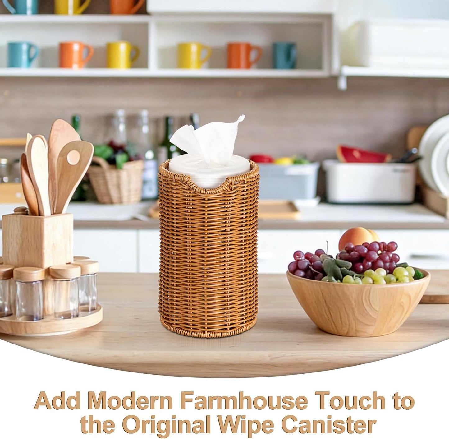 Kokone Woven Wipes Dispenser Compatible for Clorox Lysol, Farmhouse Wipes Canister Holder Cleaning Wipe Dispenser Container, Decorative Rattan Wipes Dispenser Keeper for Kitchen Bathroom Office