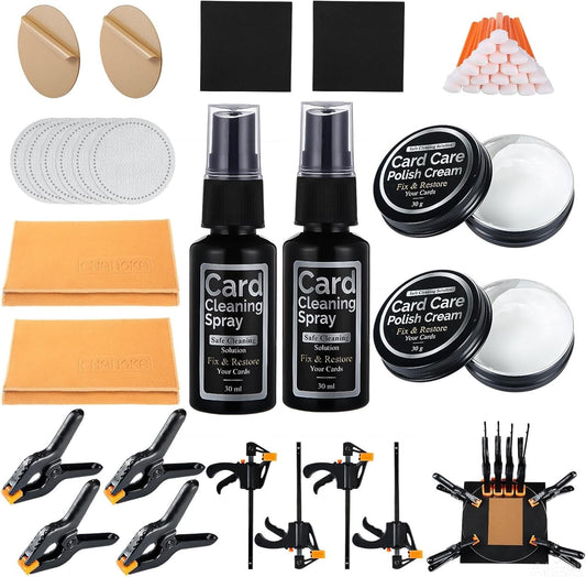 Fiwochic Trading Card Cleaning Kit Card Flattening Kit Repair Accessory Includes 2 Acrylic Discs 100 Cotton Swabs 100 Cleaning Pads 2 Polishing Paste 2 Cleaner 2 Yellow Suede Cloths 8 Small Clips