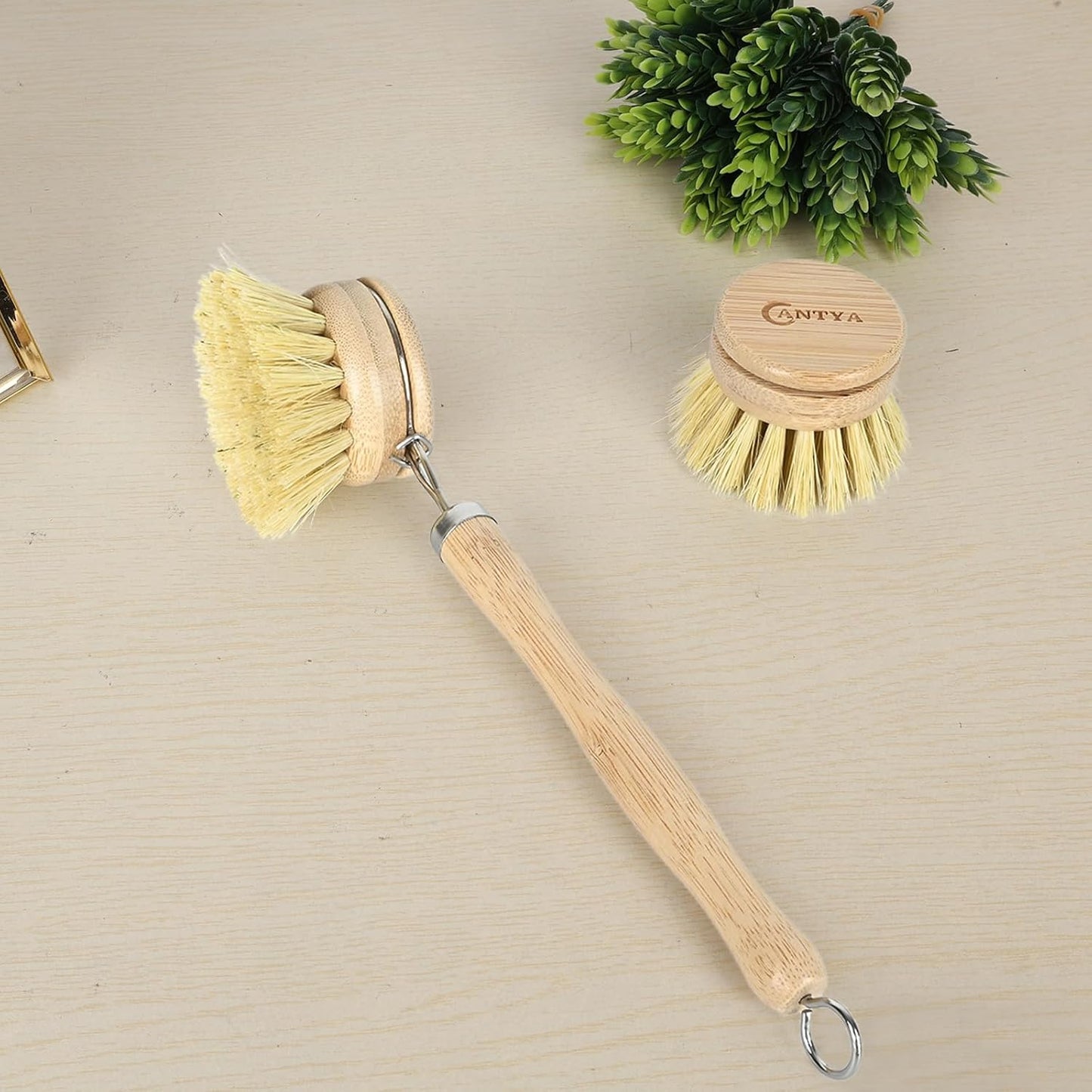 Bamboo Dish Brush with Handle - Soft Bristle, Non Toxic Dish Scrubber Compostable & Sustainable Bamboo Scrub Brush for Dishes, Pots and Pans