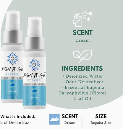Mist N’ Go by Omaze Travel Bathroom Spray for Toilet Spray Odor Eliminator - Travel Toilet Spray for Bathroom Air Freshener Spray for Bathroom Deodorizer - Clean Mix, Travel Size (1oz x2)