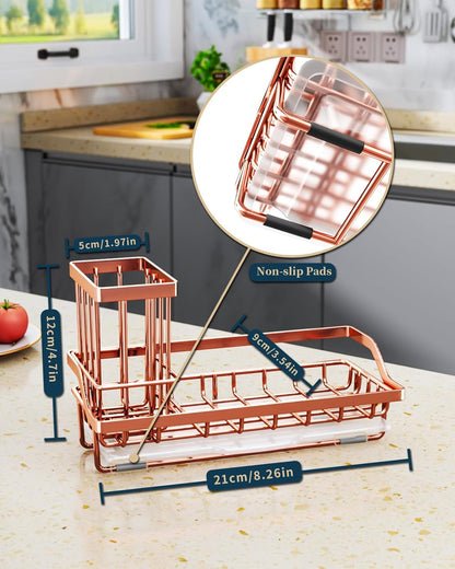 Consumest Sink Caddy, Kitchen Sponge Holder with Dish Brush Holder, Kitchen Organizer with Drip Tray for Countertop, Stainless Steel Rustproof - Silver