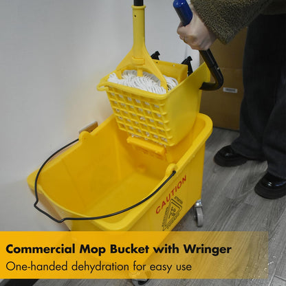 KULED Commercial Mop Bucket with Side Press Wringer, Including Wet Floor Caution Sign and One Industrial Mop with 2 Mop Heads, for Floor Cleaning and Mopping, 38 Quart, Yellow