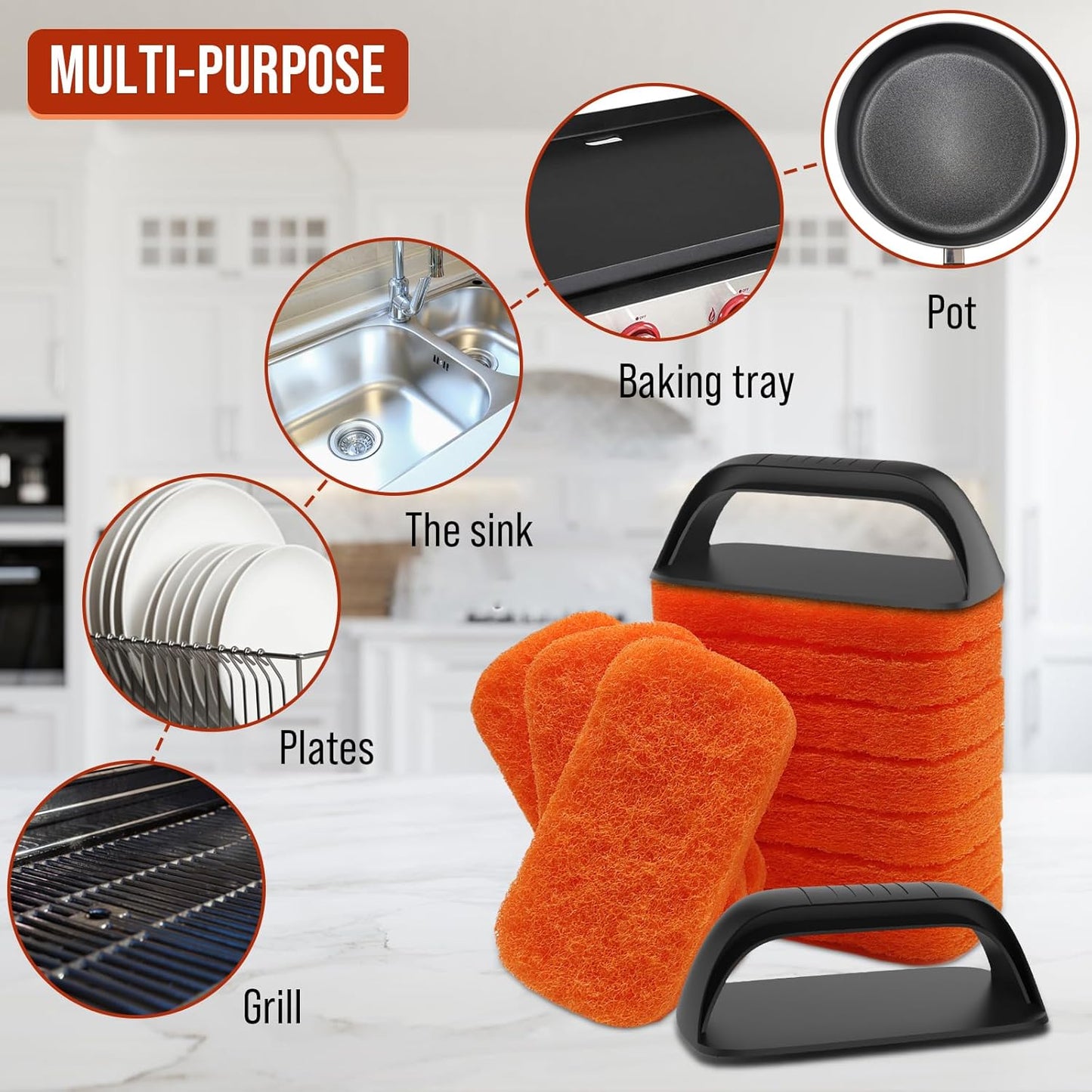 6-Piece Griddle Cleaning Kit for Blackstone, Flat Top Grill Cleaning Kit Non-Scratch Scouring Pads for Kitchen - 5 Scrubber Pads and 1 Handle